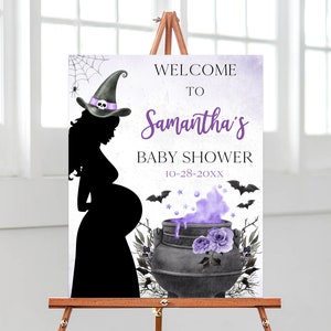 Bearbeitbar Ein Baby braut lila Halloween-Babyparty-Willkommensschild, Mädchen-Halloween-Babyparty-Poster, Hexe-Babyparty-Dekor, BBS432