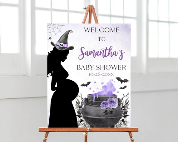 Editable A Baby is Brewing Purple Halloween Baby Shower Welcome Sign, Girl Halloween Baby Shower Poster, Witch Baby Shower Decor, BBS432