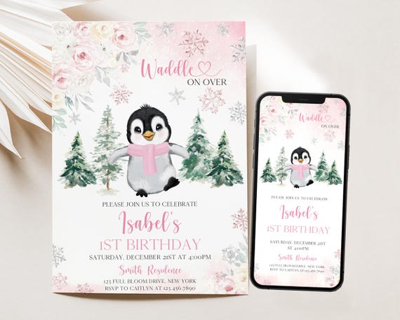 Editable Pink Winter Penguin Birthday Party Invitation, Waddle on Over Penguin Birthday Invite, Girl Penguin Pink Winter Invite, BRT194