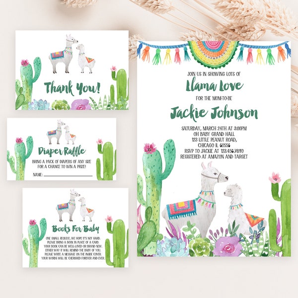 Editable Llama Baby Shower Invitation Bundle, Cactus Llama Baby Shower Invite, Floral Llama Baby Shower Invitation, Cactus Fiesta BBS141