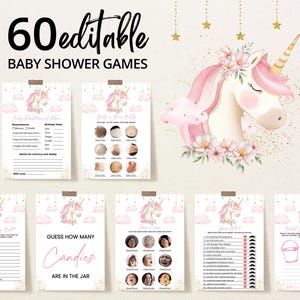 Editable Unicorn Baby Shower Game Bundle, Floral Unicorn Baby Shower Game Pack, Pink Gold Floral Unicorn Baby Shower Games, BBS1003
