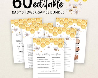 Peut inclure: Un lot de 60 cartes de jeux de fête prénatale modifiables avec un motif de rayons de miel jaune, des abeilles à l'aquarelle et des fleurs. Les cartes incluent des titres comme Baby Predictions and Advice, Guess Who et Bucket List en noir.