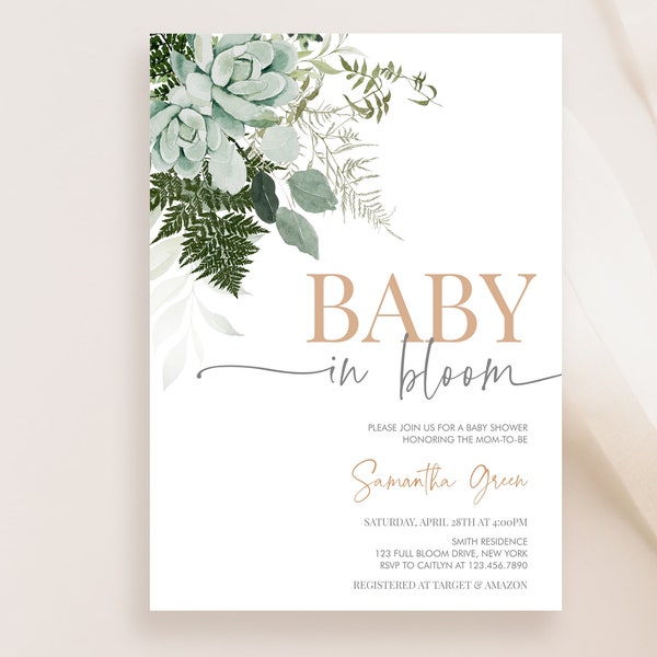 Editable Baby in Bloom Baby Shower Invitation, Succulent Baby Shower Invite, Greenery Succulent Baby Shower Invitation Template, BBS371