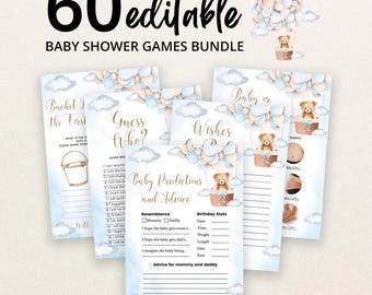 May include: A bundle of 60 editable baby shower game cards featuring a watercolor design of a teddy bear in a hot air balloon with blue and beige clouds. The text reads 60 editable BABY SHOWER GAMES BUNDLE, Bucket List, Guess Who, Wishes for Baby, and Baby Predictions and Advice.