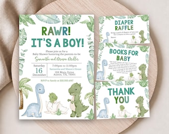 Bearbeitbare Einladungskarten zum Thema Dinosaurier-Babyparty, Einladung zur Dinosaurier-Babyparty für Jungen, Babyparty für Jungen mit Dinosaurier-Motiv, Boho-Dinosaurier, BBS587