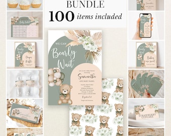 May include: A baby shower bundle featuring 100 items with a teddy bear theme, sage green and beige color palette, and pampas grass accents. Includes invitations, cupcake toppers, water bottle labels, signage, and games with the text We Can Bearly Wait.