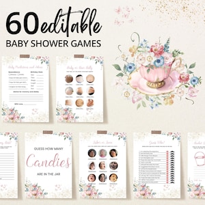 Editable A Baby is Brewing Shower Game Bundle, Floral Tea Party Baby Shower Game Pack, Girl Garden Tea Party Baby Shower Games, BBS986