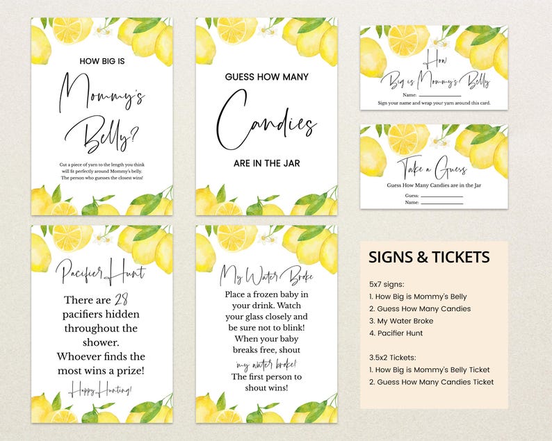 May include: Lemon-themed baby shower game signs with watercolor illustrations of lemons. The signs include "How Big is Mommy's Belly?", "Guess How Many Candies Are in the Jar", "My Water Broke", and "Pacifier Hunt".