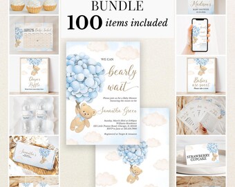 Editable Blue Bear Balloon Baby Shower Bundle, We Can Bearly Wait Baby Shower Invitation Pack, Blue Balloon Bear Boy Game Package, BBS753
