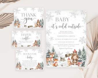 Editable Silver Winter Woodland Baby Shower Invitation Bundle, Gender Neutral Woodland Baby Shower Invite Pack, Winter Woodland, BBS551