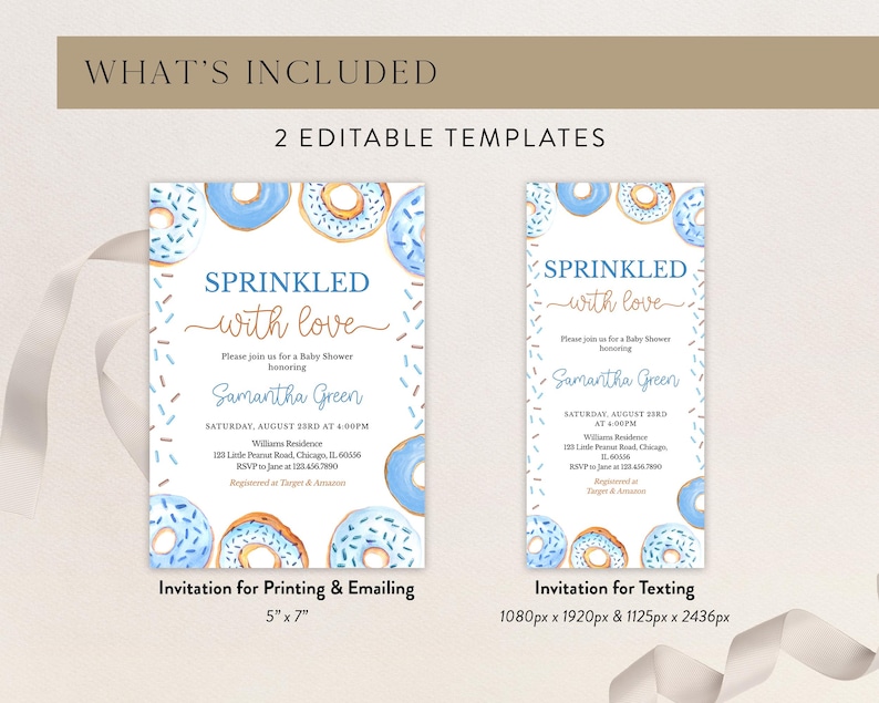 May include: Two editable baby shower invitation templates featuring a blue and white donut design with sprinkles. The text on the invitations reads "Sprinkled with love" and includes the name "Samantha Green".
