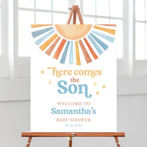 Editable Sunshine Baby Shower Welcome Sign, Here Comes the Son Baby Shower Poster, Boy Sonshine Shower, Boho Sunshine Shower Decor, BBS398
