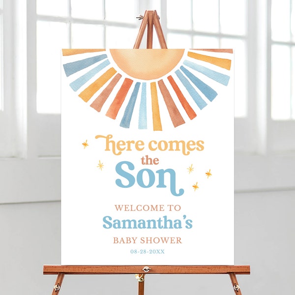 Panneau de bienvenue modifiable pour baby shower soleil, affiche de baby shower Here Comes the Son, douche Sonshine Boy, décoration Boho Sunshine Shower, BBS398