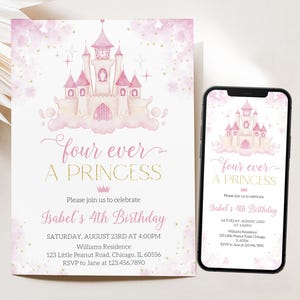 Editable Four ever a Princess 4th Birthday Invitation, Floral Princess Birthday Invite, Royal Princess Magical Castle Birthday, BRT244