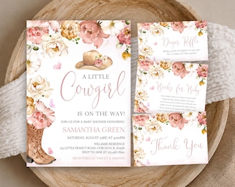 May include: A baby shower invitation set featuring watercolour floral arrangements, a tan cowboy hat, and a brown western boot. The text reads A LITTLE Cowgirl IS ON THE WAY! along with event details for Samantha Green, a diaper raffle, books for baby, and a thank you card.