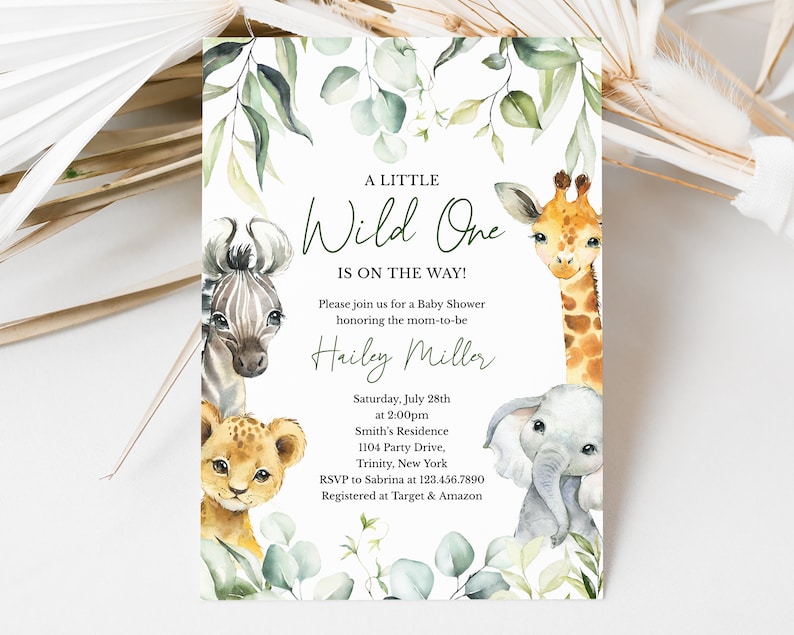 Editable A Little Wild One On the Way Baby Shower Invitation, Safari Jungle Baby Shower Invite, Greenery Safari Animals Baby Shower, BBS340 image 3