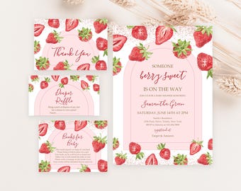 May include: A set of four pink and white baby shower cards with a strawberry theme. The cards include a thank you card, a diaper raffle card, a books for baby card, and a baby shower invitation. The invitation reads "Someone berry sweet is on the way." The cards are decorated with watercolor strawberries and a pink glitter background.