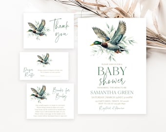 Editable Gender Neutral Minimalist Mallard Duck Baby Shower Invitation Bundle, Duck Baby Shower Invite, Hunting Duck Shower Invite, BBS961