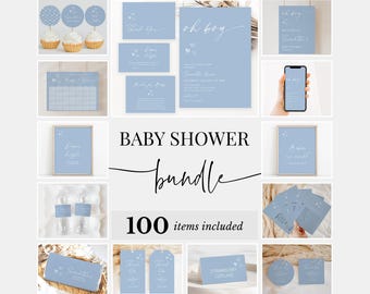 Editable Blue Minimalist Oh Boy Baby Shower Bundle, Oh Boy Baby Shower Invitation Pack, Boy Pastel Blue Baby Shower Game Package, BBS1041