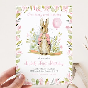 Invito di compleanno modificabile Peter Rabbit, invito di compleanno rosa Peter Rabbit, invito per festa di compleanno bambina Peter Rabbit, BRT141