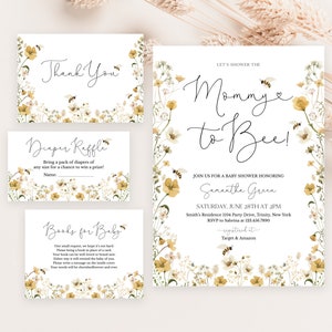 Bearbeitbares Bienen-Babypartyeinladungspaket, Wildblumenbienen-Babyparty einladen, Bienen-Babypartyeinladungsvorlage, Mama zur Biene, BBS412