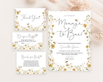 Editable Bee Baby Shower Invitation Bundle, Wildflower Bee Baby Shower Invite, Bee Baby Shower Invitation Template, Mommy to Bee, BBS412