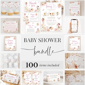 Editable Little Fairy Baby Shower Bundle, Wildflower Fairy Baby Shower Invitation Pack, Girl Pink Fairy Baby Shower Games Package, BBS632