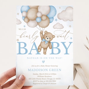 Bearbeitbare Braunbär-Ballon-Babyparty-Einladung, wir können Bären-Babyparty einladen, blaue Jungen Boho Bärn-Babyparty, BBS388 warten