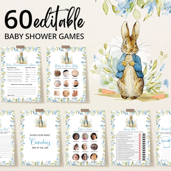 Bearbeitbares Peter Rabbit-Babyparty-Spielpaket, Blaues Peter Rabbit-Babyparty-Spielpaket, Boy Peter Rabbit-Duschespiele, Peter Rabbit BBS298