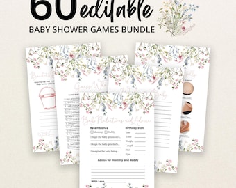 Könnte beinhalten: Ein Set aus 60 bearbeitbaren Babyparty-Spielkarten mit einem zarten Blumenrand aus rosa, blauen und grünen Wildblumen. Die Karten enthalten verschiedene Aktivitätstitel wie Baby Predictions and Advice, Guess Who und Bucket List.