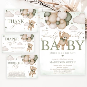 Bearbeitbares geschlechtsneutrales Bärn-Babyparty-Einladungspaket, Wir können Bären-Babyparty einladen, grüne Boho-Bär-Babyparty, BBS390 warten