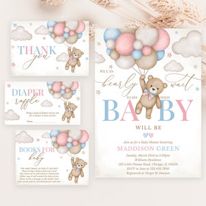 Paquete de invitaciones editables para baby shower con temática de oso "Gender Revel", invitación para baby shower de niña y niño "We Can Bearly Wait", baby shower bohemio de oso rosa y azul, BBS824