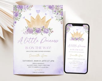 May include: A baby shower invitation with a watercolor design. The invitation features a gold crown, purple flowers, and the text "A little Princess is on the way!" A smartphone displays the same design.