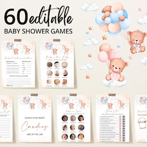 Pacchetto di giochi per baby shower modificabili Gender Revel Bear, He or She We Can Bearly Wait, giochi per baby shower rosa e blu Boho Bear, BBS861