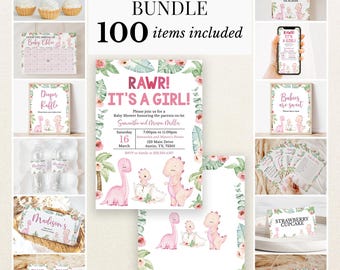 May include: A baby shower bundle featuring 100 items with pink dinosaur illustrations and floral accents. Includes invitations, signs, cupcake toppers, water bottle labels, thank you tags, and game cards with text like RAWR! IT'S A GIRL! and THANK YOU.