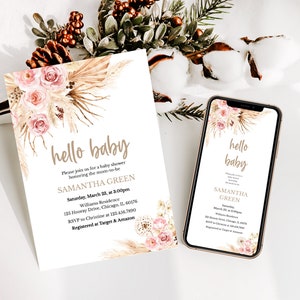 K&ouml;nnte beinhalten: Eine Babyparty-Einladung mit floralem Design. Die Einladung ist f&uuml;r Samantha Green und enth&auml;lt Datum, Uhrzeit, Ort und RSVP-Informationen. Die Einladung enth&auml;lt auch den Text "hello baby" und ist mit rosa Rosen, getrocknetem Pampasgras und einem Aquarellhintergrund verziert.