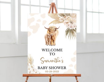Editable Holy Cow Baby Shower Welcome Sign, Gender Neutral Highland Cow Baby Shower Welcome Poster, Boho Highland Cow, Pampas Grass, BBS386