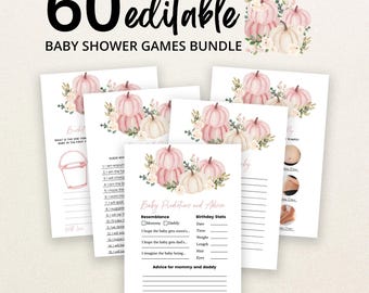 Edytowalny zestaw gier na baby shower z różową dynią, zestaw gier na baby shower z różową dynią, gry z biało-różową dynią, BBS803