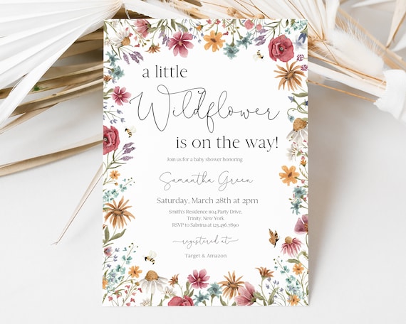 Editable A Little Wildflower Baby Shower Invitation, Baby in Bloom Baby Shower Invite, Spring Flowers Baby Shower Invite, BBS609
