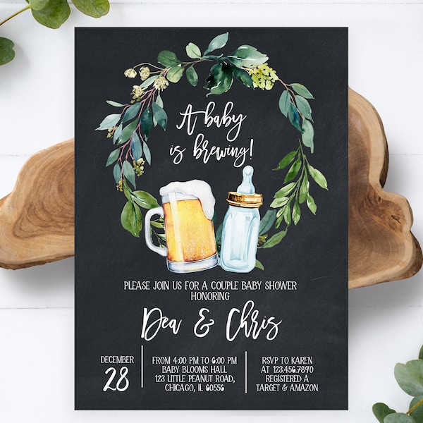 Modifiable A Baby is Brewing Baby Shower Chalkboard Invitation, Coed Baby shower, Beer and Bottle Baby Shower Invite, Backyard Shower, BBS130