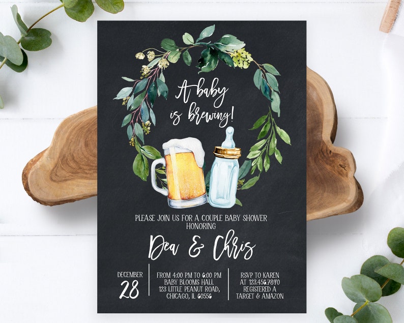 Modifiable A Baby is Brewing Baby Shower Chalkboard Invitation, Coed Baby shower, Beer and Bottle Baby Shower Invite, Backyard Shower, BBS130 image 1