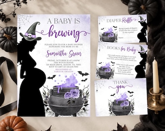 Editable A Baby is Brewing Purple Halloween Baby Shower Invitation Bundle, Girl Halloween Baby Shower Invite, Witch Baby Shower, BBS432