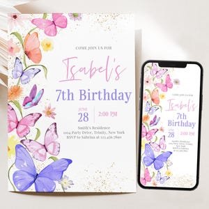 Editable Pink Purple Butterfly Birthday Invitation, A Little Butterfly Birthday Invite, Pink Butterfly Floral Birthday Invite, BRT265