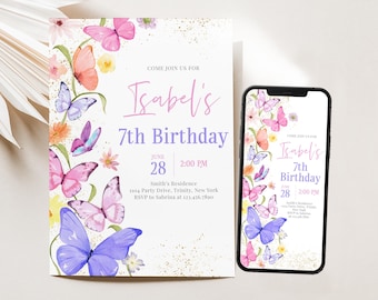 Editable Pink Purple Butterfly Birthday Invitation, A Little Butterfly Birthday Invite, Pink Butterfly Floral Birthday Invite, BRT265