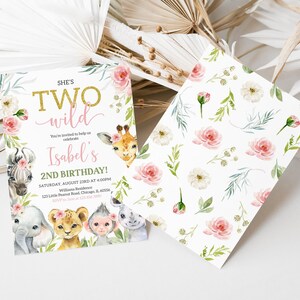 May include: Two-sided invitation for a second birthday party. The front features the text "She's Two Wild" with floral and animal illustrations. The back has a floral pattern with pink and white roses and green leaves.