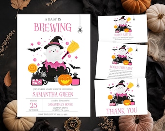 Editable A Baby is Brewing Pink Halloween Baby Shower Invitation Bundle, Little Boo Baby Shower Invite, Girl Halloween Baby Shower, BBS808