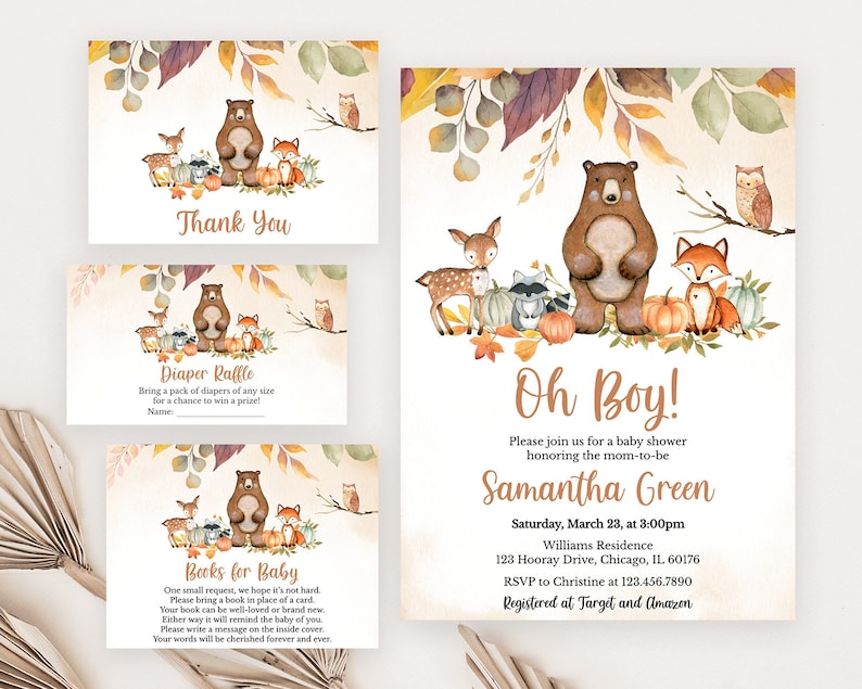 Editable Fall Woodland Baby Shower Invitation Bundle, Oh Boy Woodland Baby Shower Invite, Woodland Animals Baby Shower Invitation, BBS265