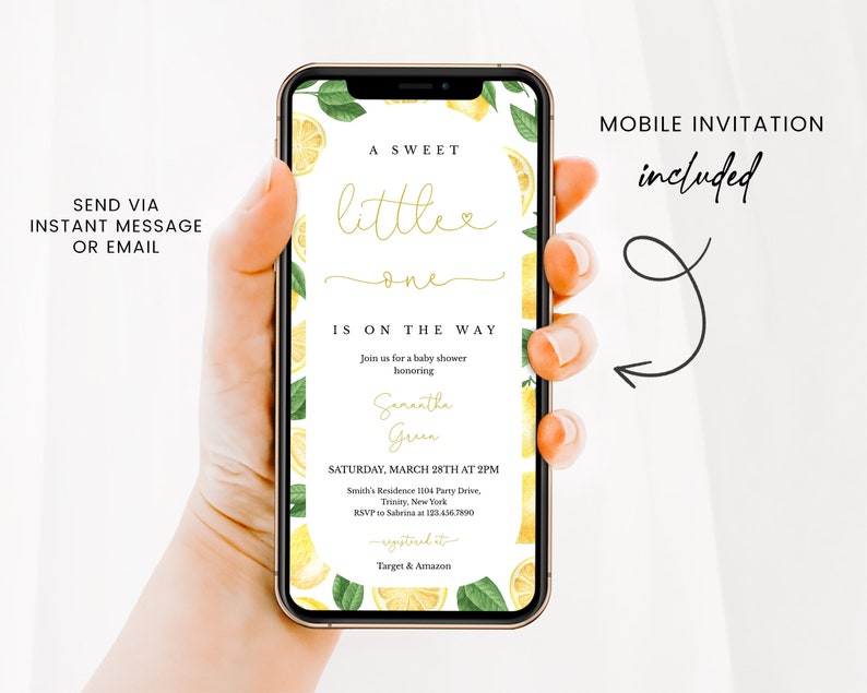 May include: A mobile phone screen displaying a baby shower invitation with a lemon theme. The invitation reads "A Sweet Little One Is On The Way" and includes the date, time, and location of the event. The invitation also includes the text "Mobile Invitation Included".