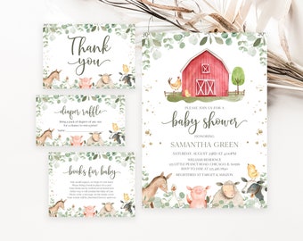 May include: A set of baby shower invitations and cards with a farm theme. The invitation features a red barn, while the cards include illustrations of farm animals and the text "Thank you", "diaper raffle", and "books for baby".