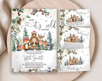 May include: A baby shower invitation set featuring watercolor illustrations of a bear, fox, and deer in winter hats. The text reads Baby it's cold outside, Kath Smith, and includes event details, a diaper raffle card, a book request card, and a thank you card.